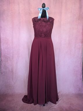 Burgundy Lace & Chiffon Formal Gown | Adjustable Lace-Up Back